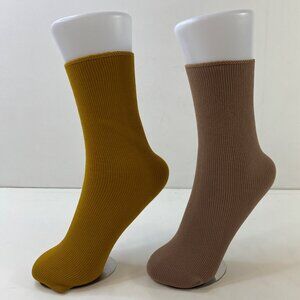 Womens Crew Socks Set 2 Solid Ribbed Mustard Yellow Brown